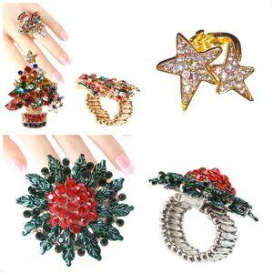 3pc Christmas Ring Adjustable Rhinestone Rings Christmas Gift